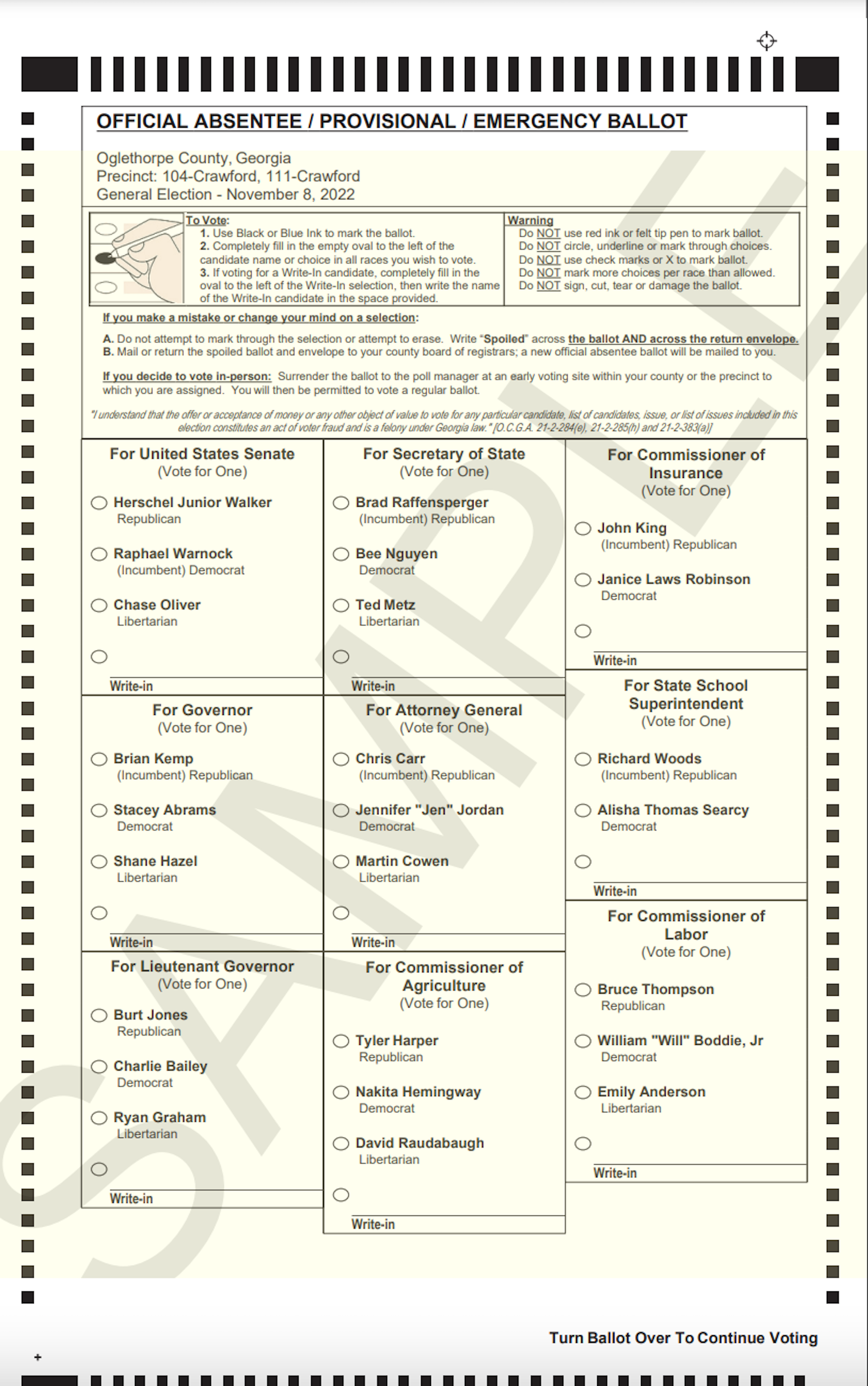This is a sample ballot for the 2022 November election in Oglethorpe County.