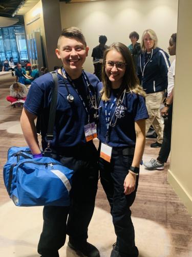 Kenneth Goodin and Reagyn Hamby stand prepared with their medical gear at the Georgia HOSA State Leadership Conference. Goodin said Hamby “is the one who made all the late nights studying and stress-filled days in class preparing” worth it after the duo placed first in the competition. Submitted photo