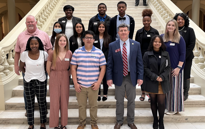The Oglethorpe County Student Ambassadors posed for a photo on a recent trip to the state Capitol. Bottom row (from left): Aariana Bell, Cassie Roberts, Juan Delgado, State Rep. Trey Rhodes and Nyah McAphee. Middle (from left): Dale Blalock Sha Eh Paw, Genesis Palma, Araceli Padilla-Graciano, Breanna Crowder, Sydney Sniff and Marilyn Huff-Waller. Top (from left): Dr. Veronica Hunter, Darryl Jackson and Javaun Pittard. (Submitted Photo)