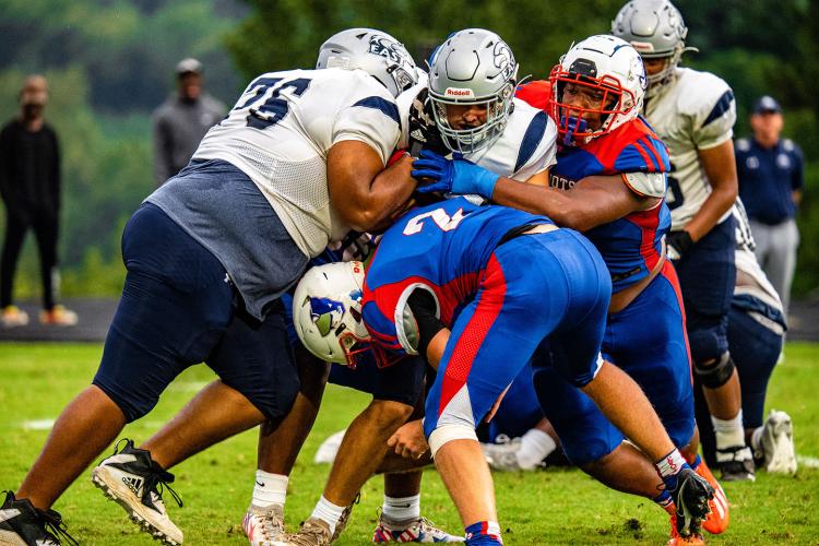 The Patriots held East Jackson, a Class AA program, to one touchdown in the seasonopening victory. They’re off this week and play at Banks County on Sept. 2. (Photo/Jack Casey)