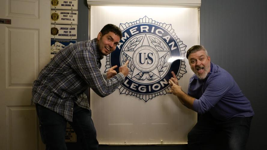 Brit Brooks (left) and Matt Chastain (right) pose in front of The American Legion seal at Legion Post 123 in Lexington. Brooks and Chastain feature in a recruitment video for the Sons of the American Legion produced by Chastain. (Submitted Photo)